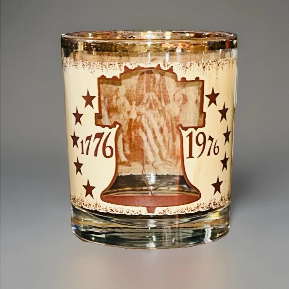 Vintage MCM Bicentennial Rock Glasses Barware Gold Patriotic Declaration Set 4